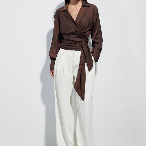 Brown Casual Women's French Criss-Cross Strap V-Neck Blouse - Picture 3 of 7